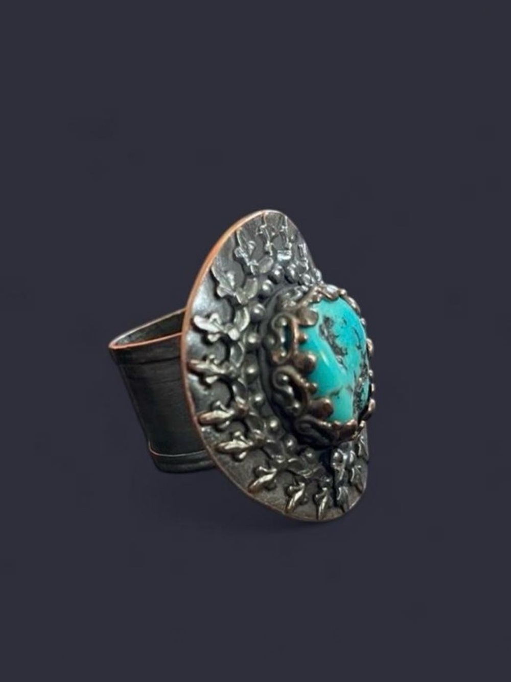 Campitos Turquoise Statement Ring — Antiqued Copper, Size 6.5